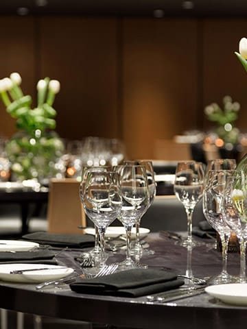 Elegant dining table with polished glassware at LG Tech event in Fairmont Queen Elizabeth.