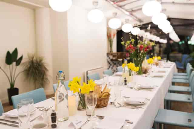 Elegant dining setup in Wallacespace Clerkenwell for corporate dinners and events.