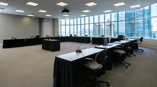 Inverness Room at Vantage Venues: modern U-shaped meeting space with city views.