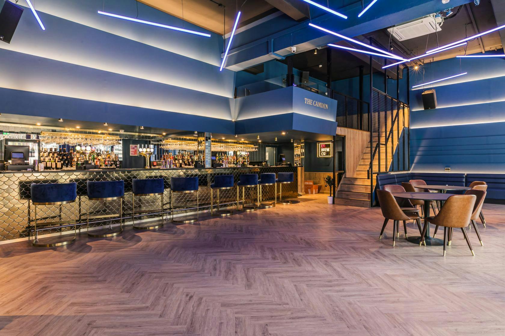 Modern event space at The Mezzanine, Camden with stylish bar and flexible seating.