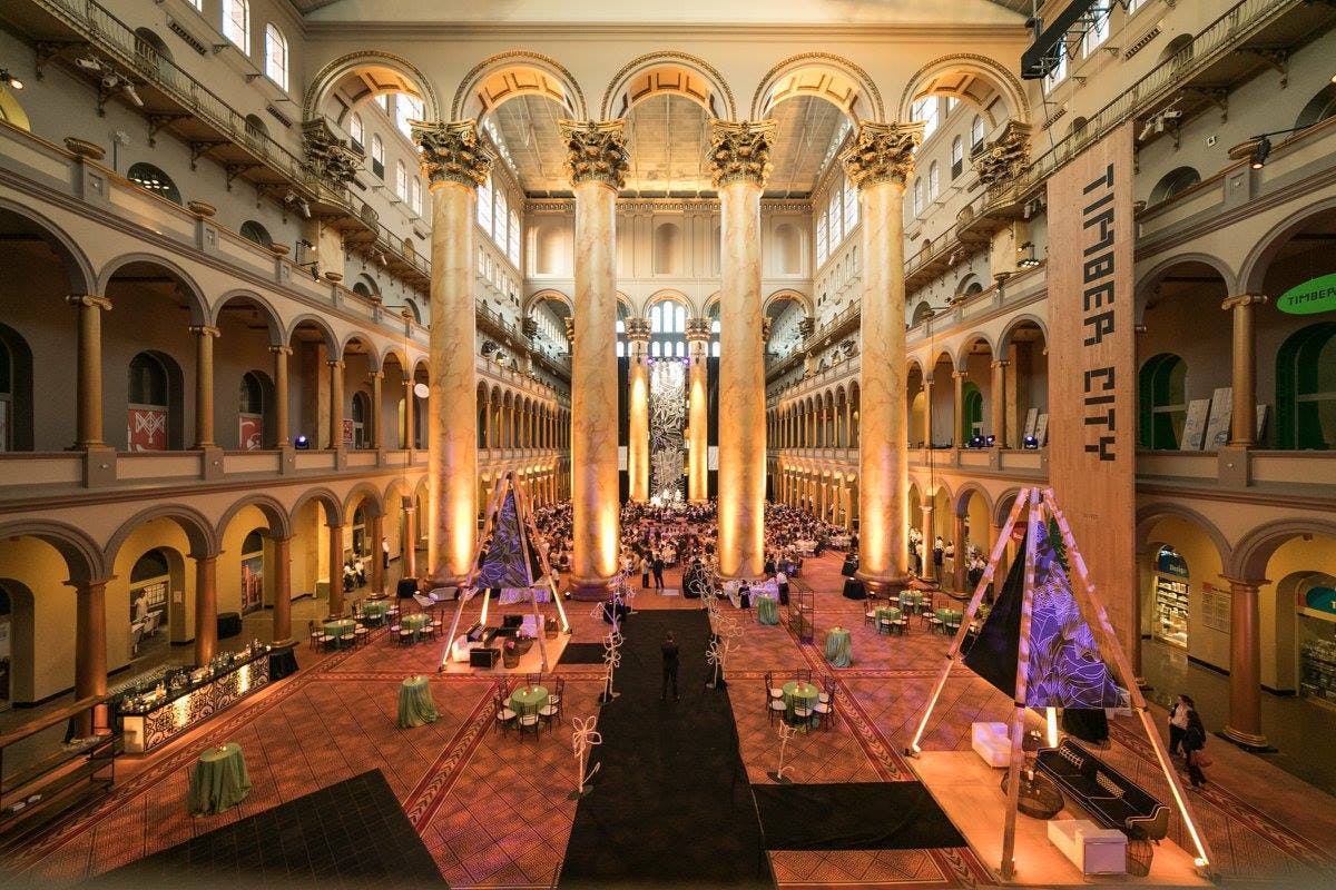 Great Hall in National Building Museum, elegant columns, ideal for conferences and galas.