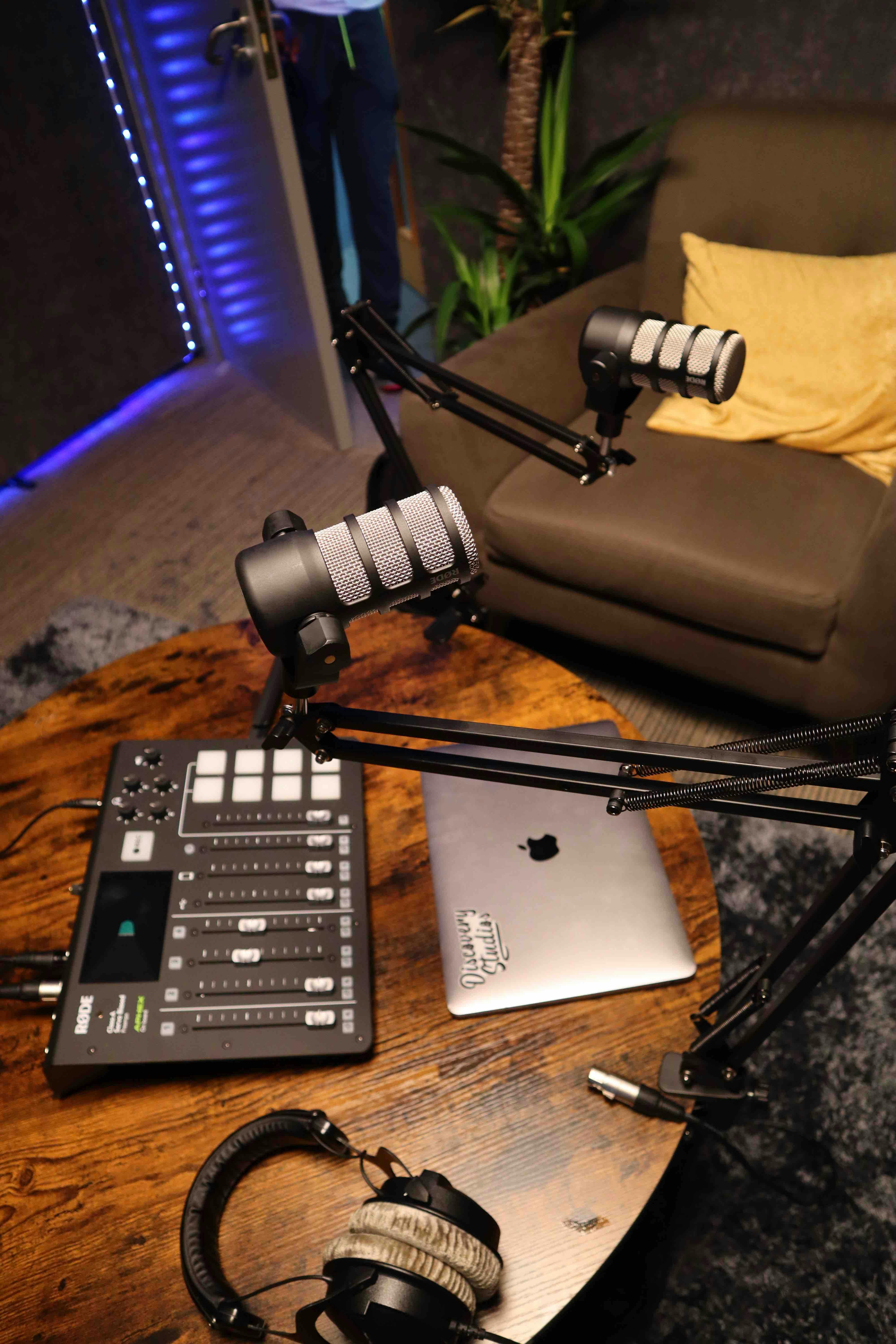 Podcasting setup with professional microphone for hybrid events and virtual meetings.