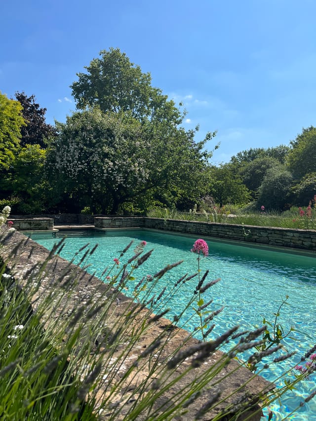 Serene Church Farm Estate swimming pool surrounded by lush greenery for outdoor events.