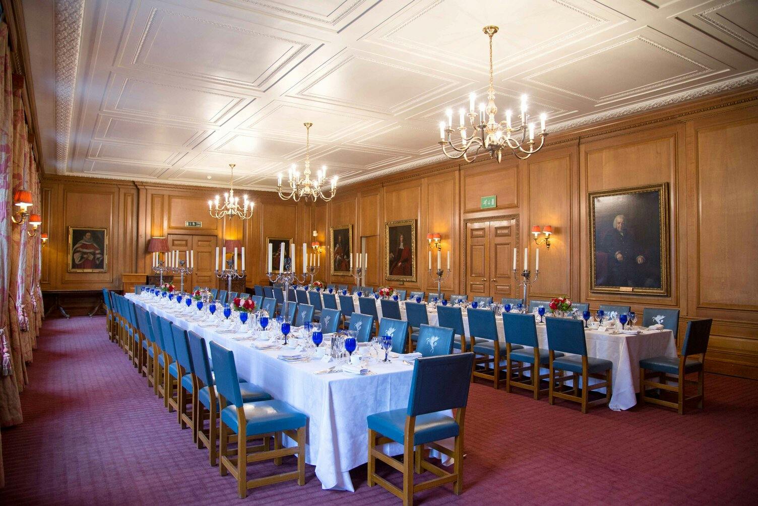 Elegant dining room in Parliament Chamber, ideal for formal events and corporate gatherings.