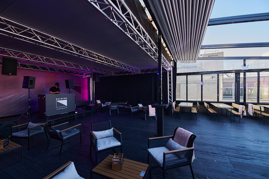 Modern Dalston Roofpark event space with lounge seating, ideal for networking and presentations.