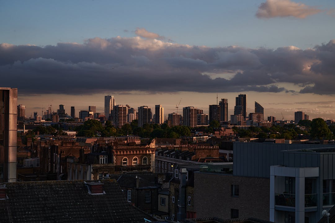 Dalston Roofpark skyline view, modern architecture, ideal for corporate and social events.
