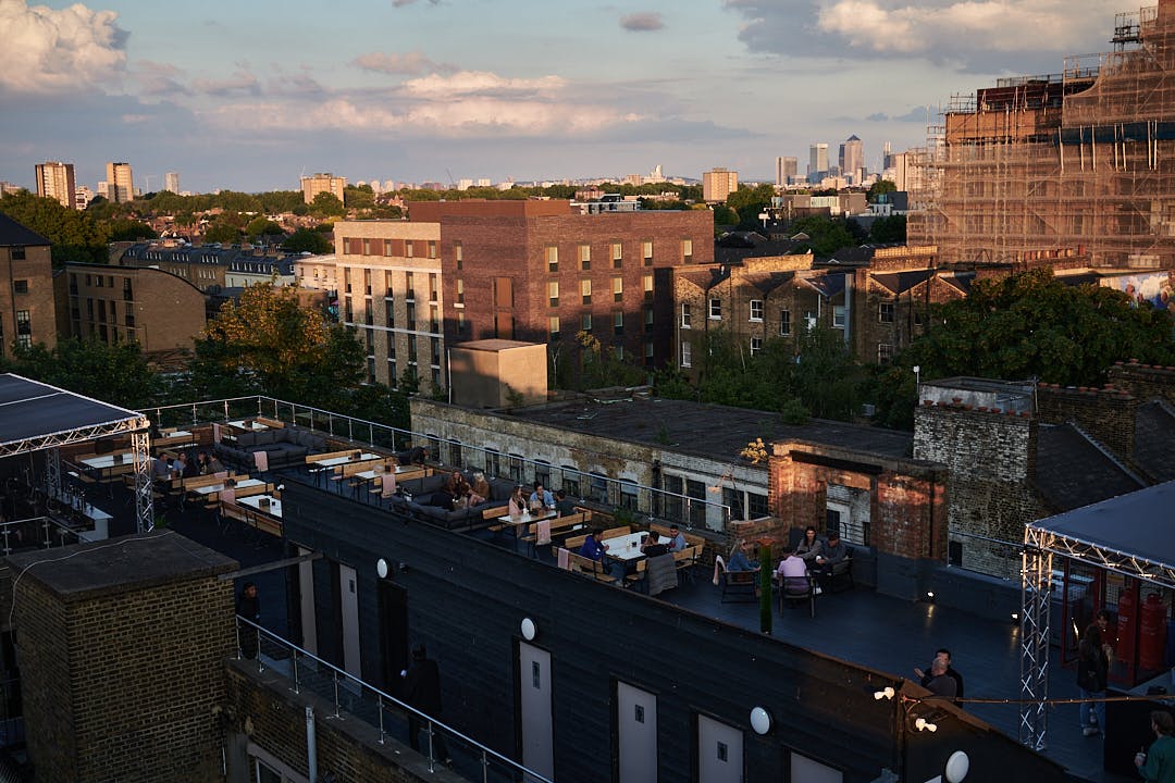 Dalston Roofpark rooftop venue with stylish seating for events and city views.