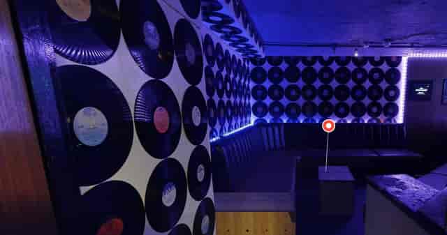 Vintage vinyl decor in Bloomsbury Bowling Lanes for themed parties and gatherings.
