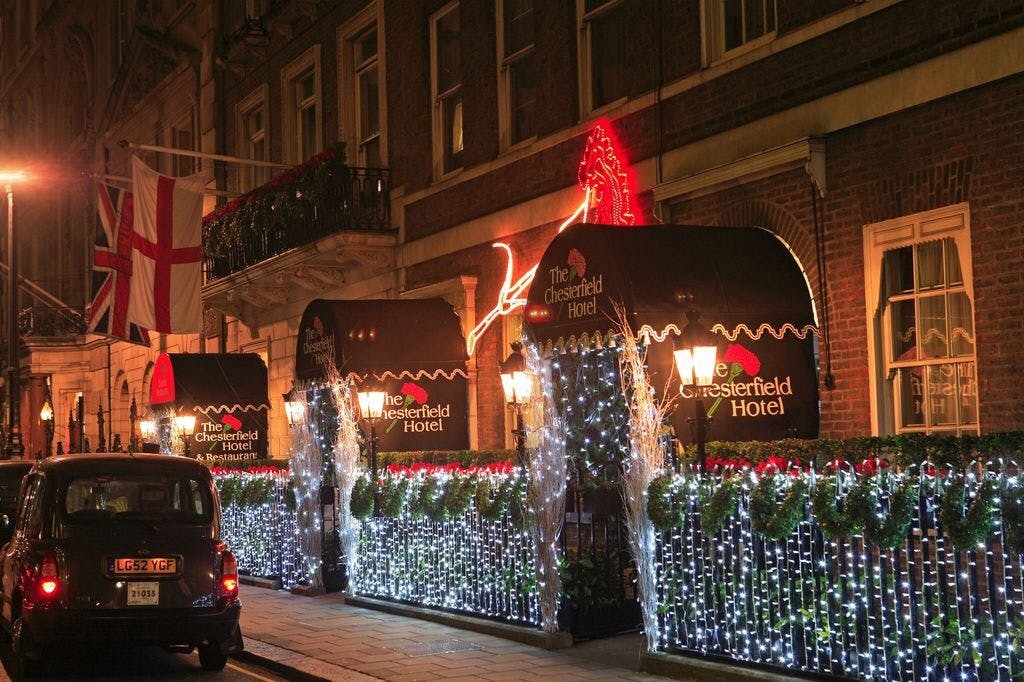 Christmas decorations at The Chesterfield Mayfair Hotel entrance, perfect for festive events.