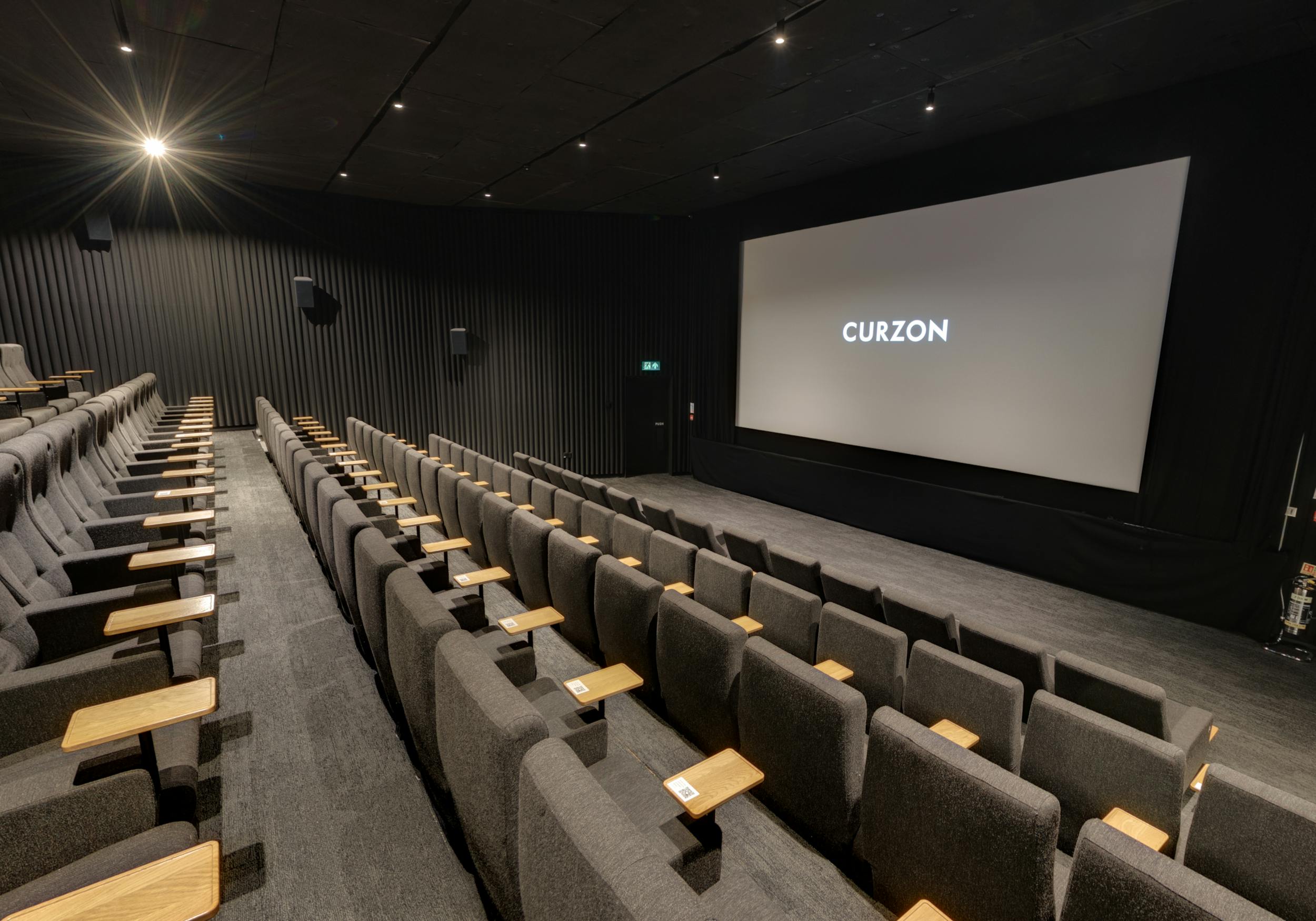 Curzon Hoxton Cinema Screen 1 with tiered seating for film screenings and presentations.