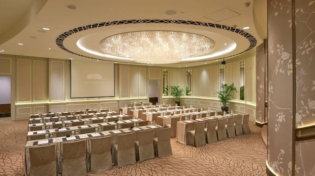 Elegant Ballroom 3 at Fullerton Hotel, featuring a luxurious chandelier for corporate events.