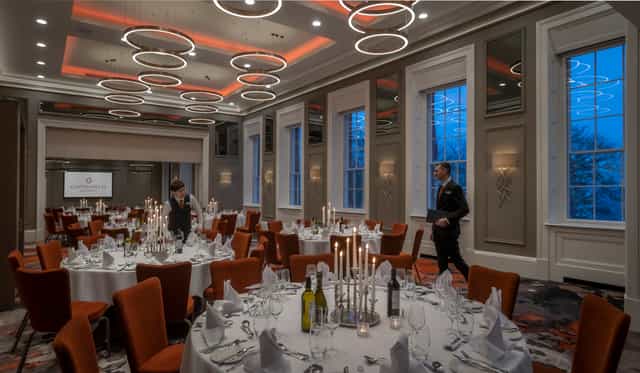 Elegant dinner setup at Custom House, Glasgow with round tables and stylish centerpieces.