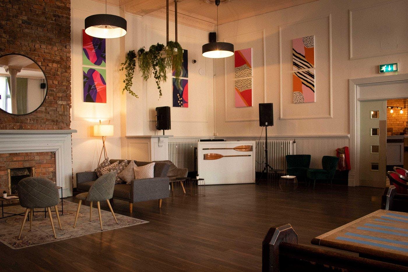 Stylish event space in Liverpool with modern decor, ideal for meetings and gatherings.