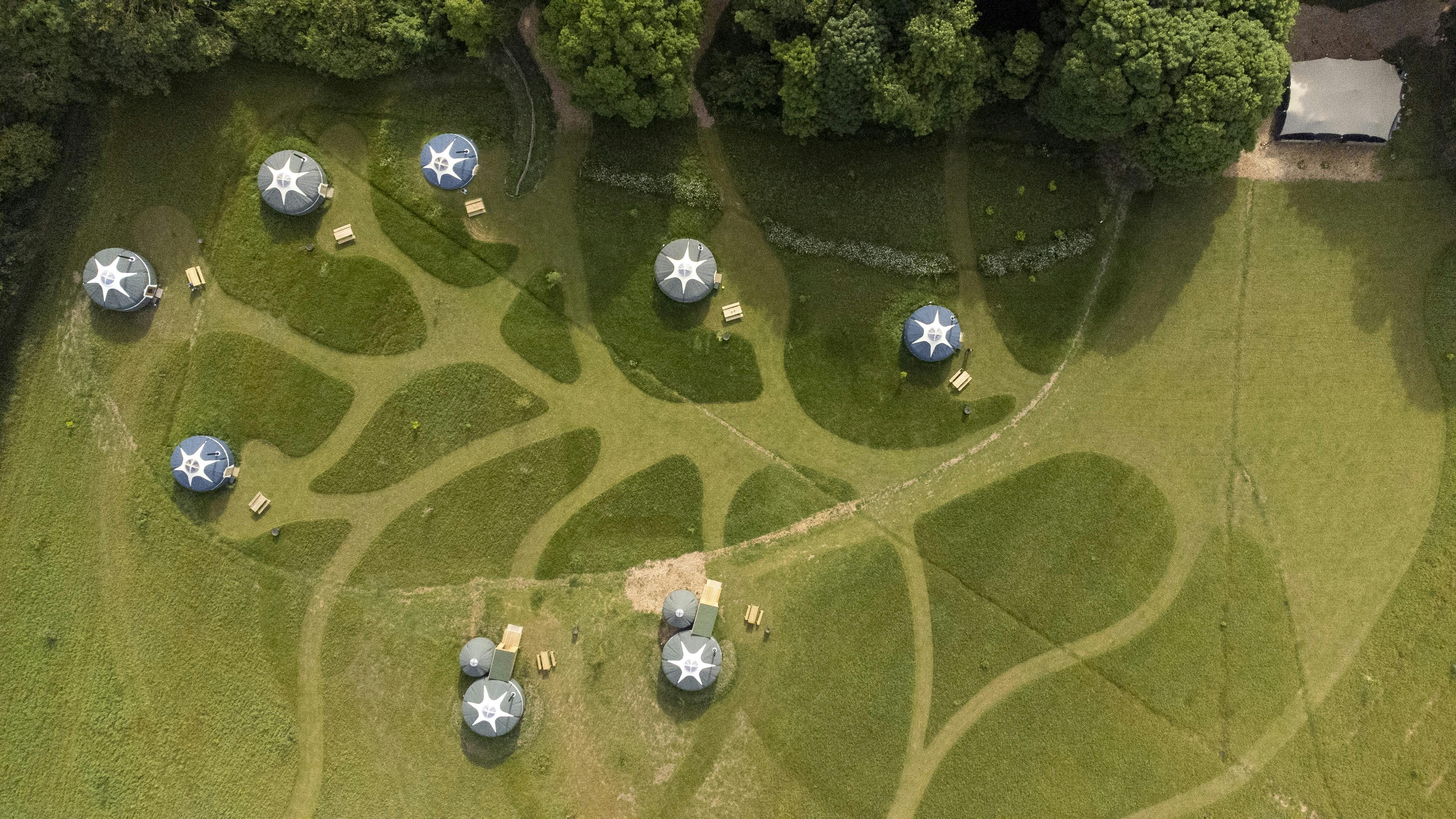 Geodesic domes in lush greenery at Wild Meadow, perfect for outdoor events and workshops.
