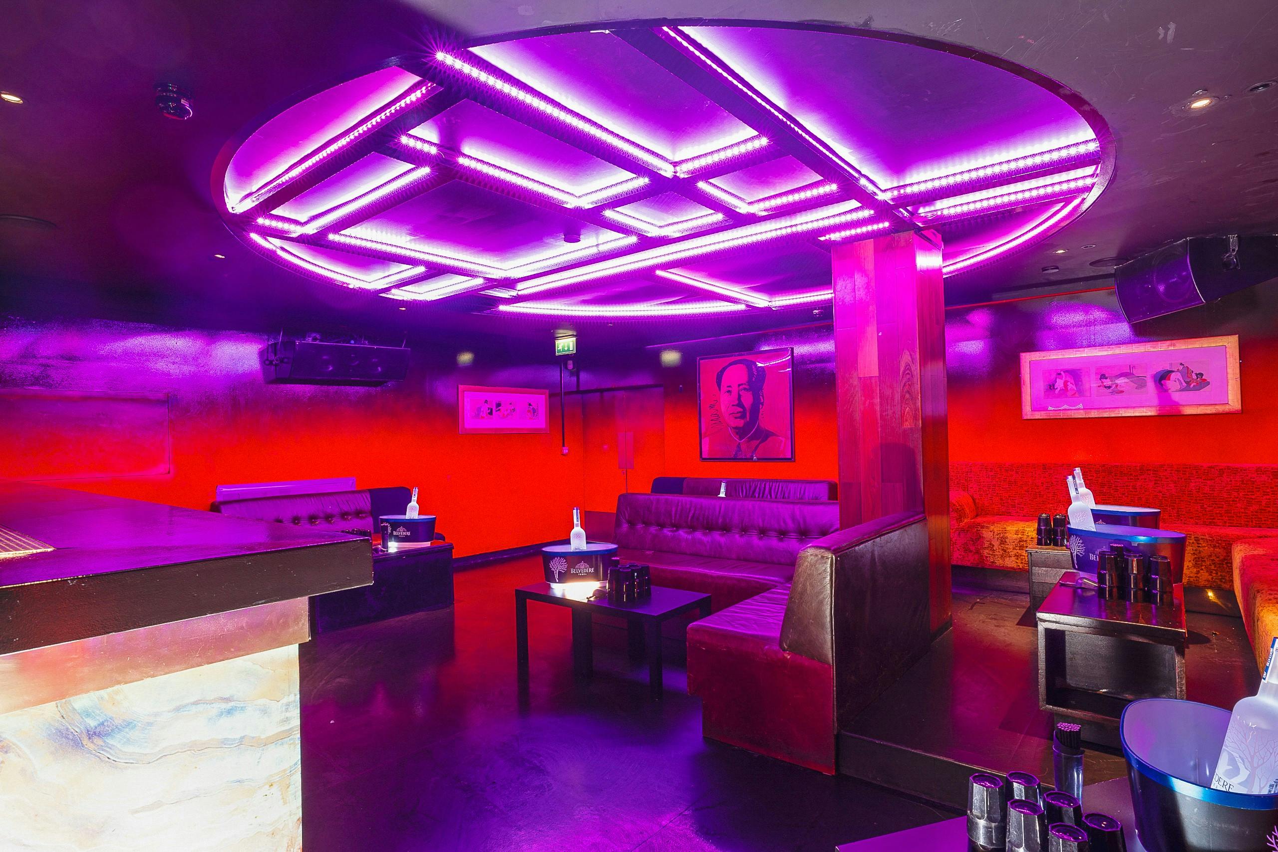 Mao Rooms at Chinawhite: vibrant nightlife venue with bold lighting for private parties.