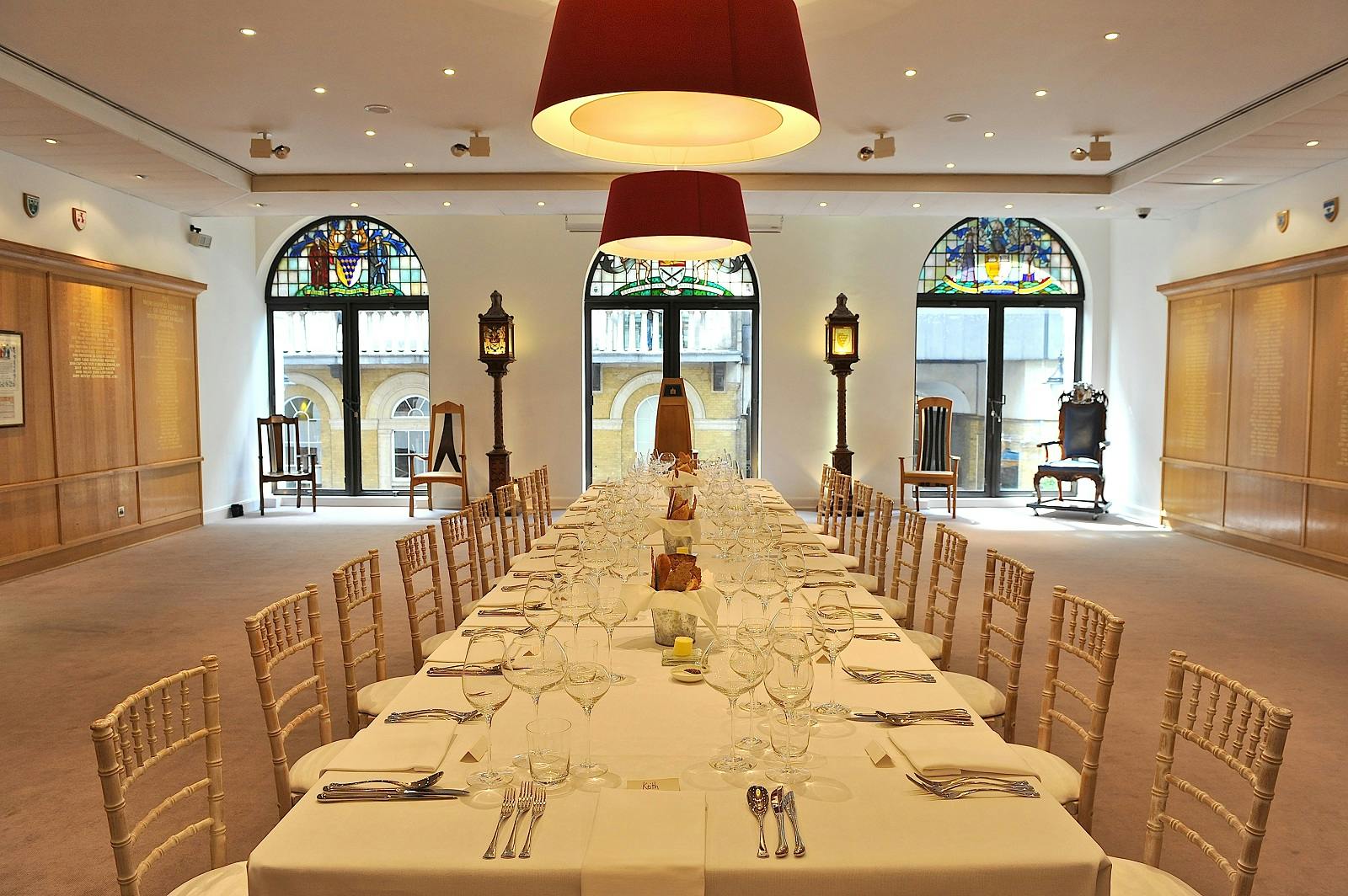 Elegant banquet hall in Glaziers Hall, perfect for corporate events and private dinners.