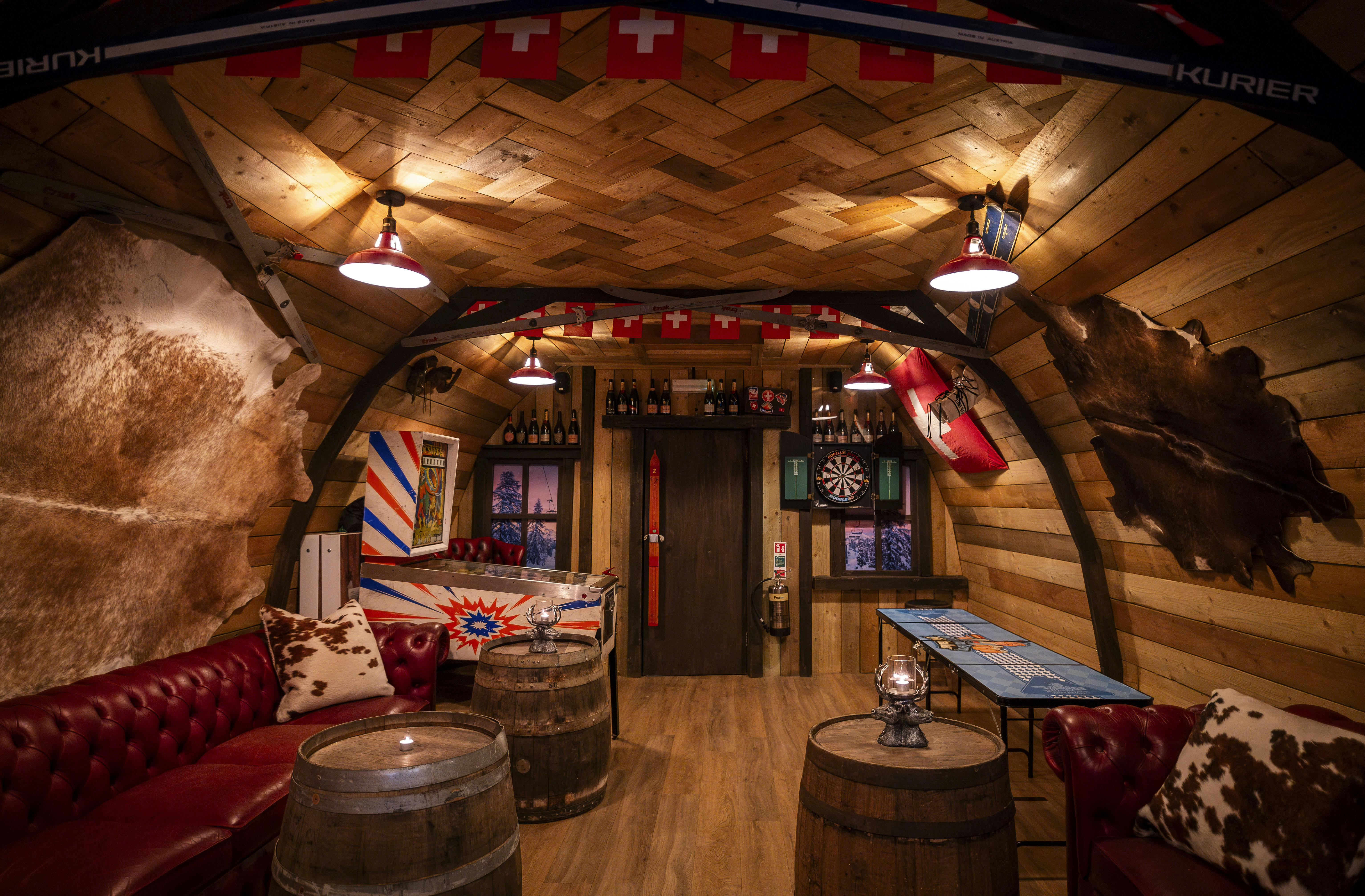 Cozy Huski Lodge event space with warm wood decor for intimate gatherings and parties.
