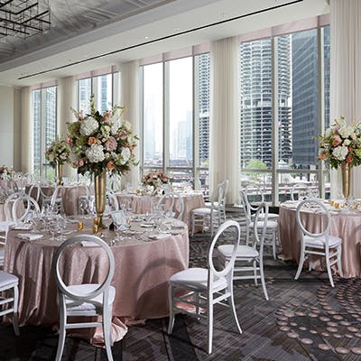 Juliette Ballroom at LondonHouse Chicago, elegant wedding venue with pink decor and city views.