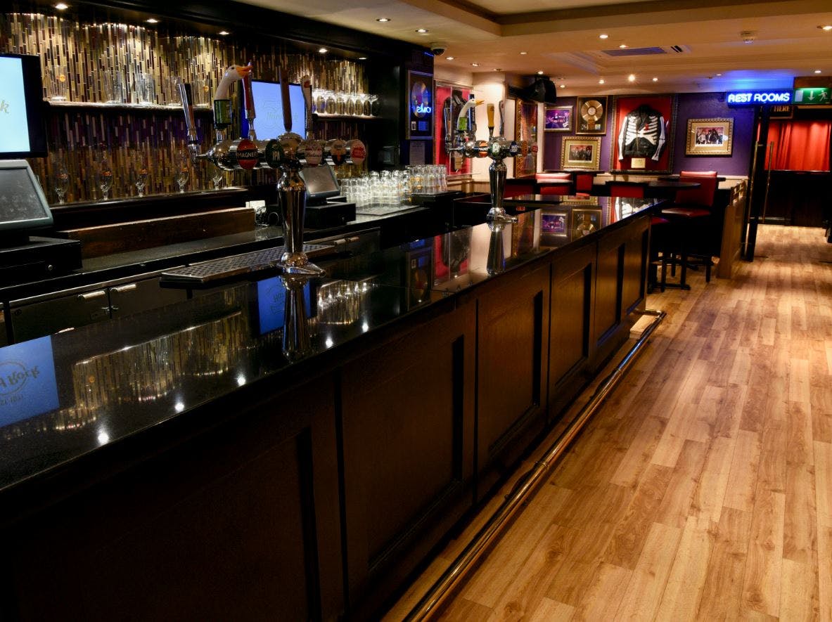 Rock Room bar at Hard Rock Cafe London, sleek design for networking events and gatherings.