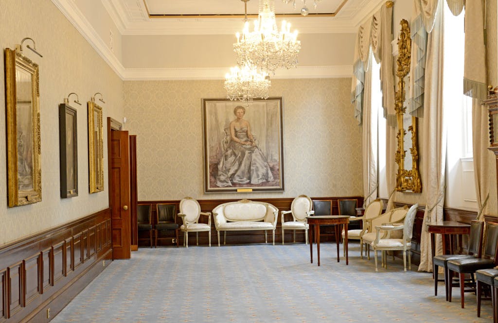 Elegant reception room in Carpenter's Hall with chandeliers, perfect for events and gatherings.