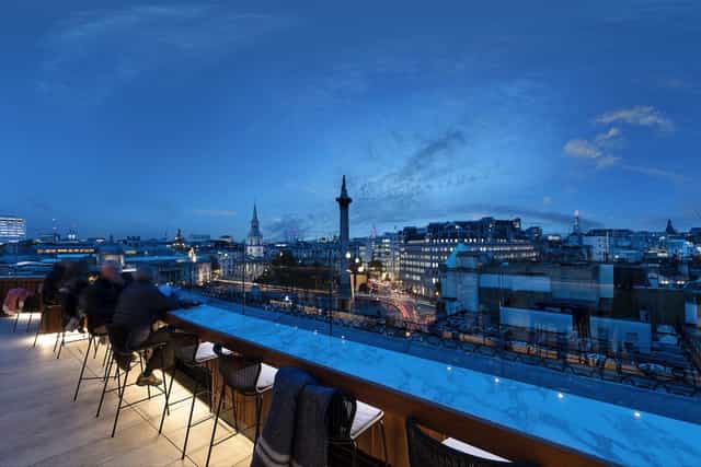 Stylish rooftop venue at Trafalgar St James, perfect for cocktail parties and networking events.