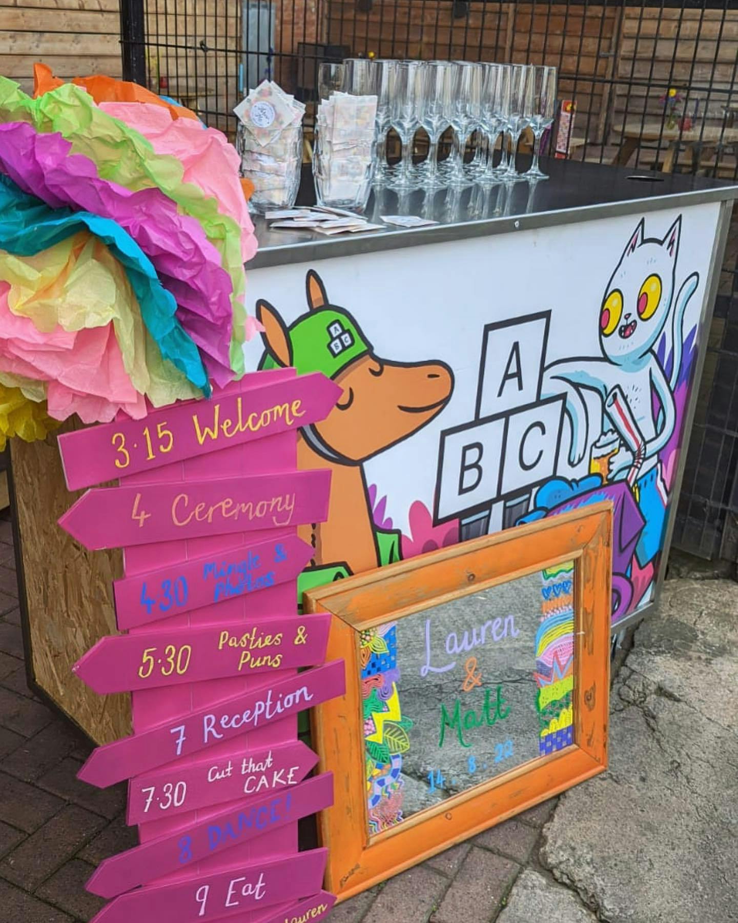 Vibrant Alphabet Brewing Company Taproom setup for a family-friendly event with colorful decor.