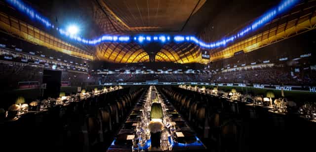 Gala stadium event, exclusive hire, dramatic lighting