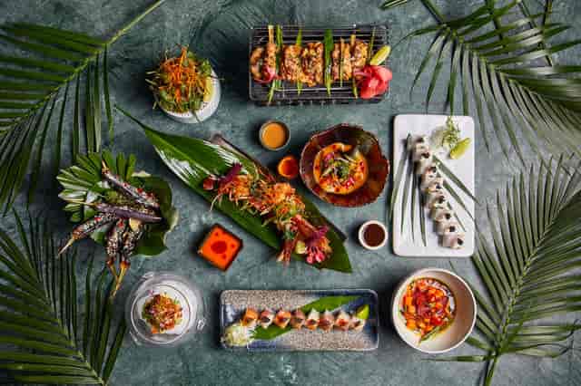 Gourmet dish spread with vibrant presentation for upscale events and catering.