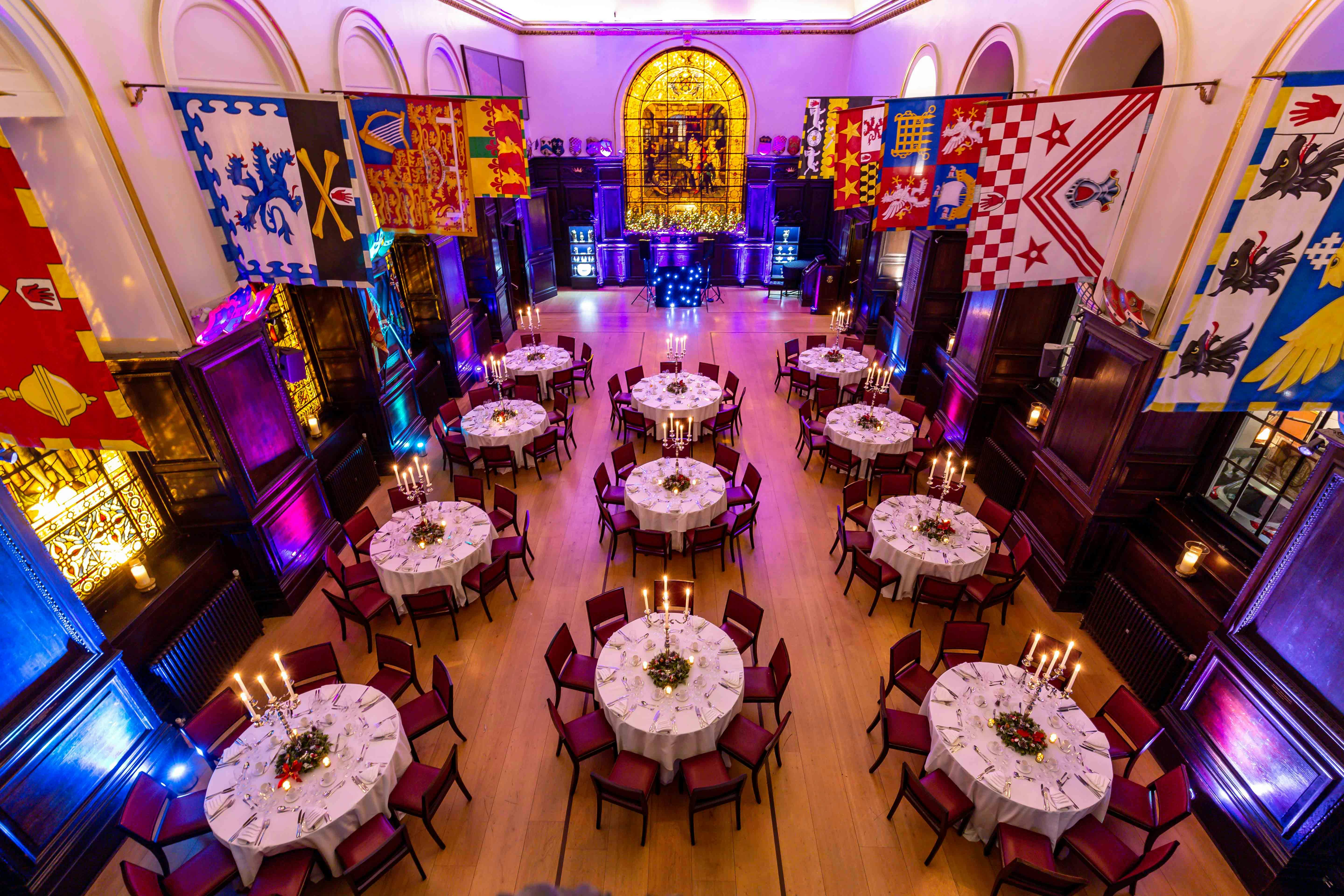 Elegant banquet hall at Stationers' Hall, perfect for Christmas receptions and gala dinners.