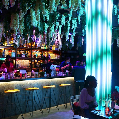 Vibrant bar venue with lush greenery, ideal for networking and social events.