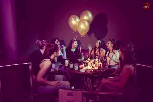 Vibrant gathering of friends celebrating at Roller Nation's stylish Main Space venue.