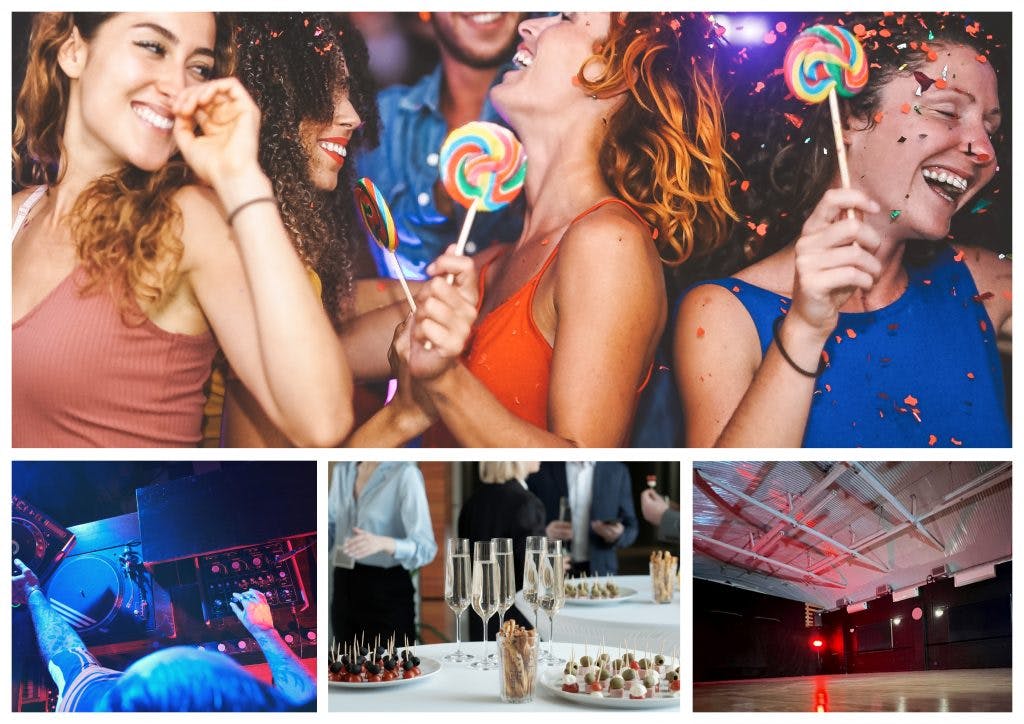 Vibrant LA Studio event in London with DJ setup, lollipops, and confetti celebration.