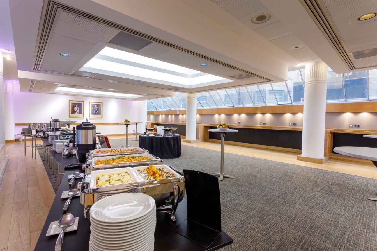 Cavendish Room event space with buffet setup, ideal for networking and social gatherings.