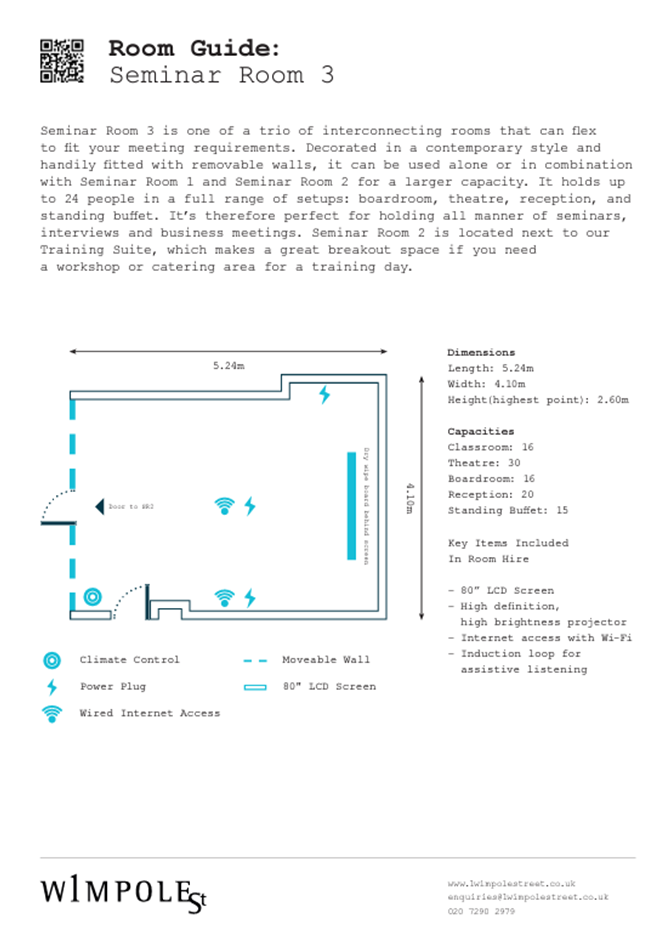 Seminar Suite floor plan at 1 Wimpole Street for workshops and training events. - Banner