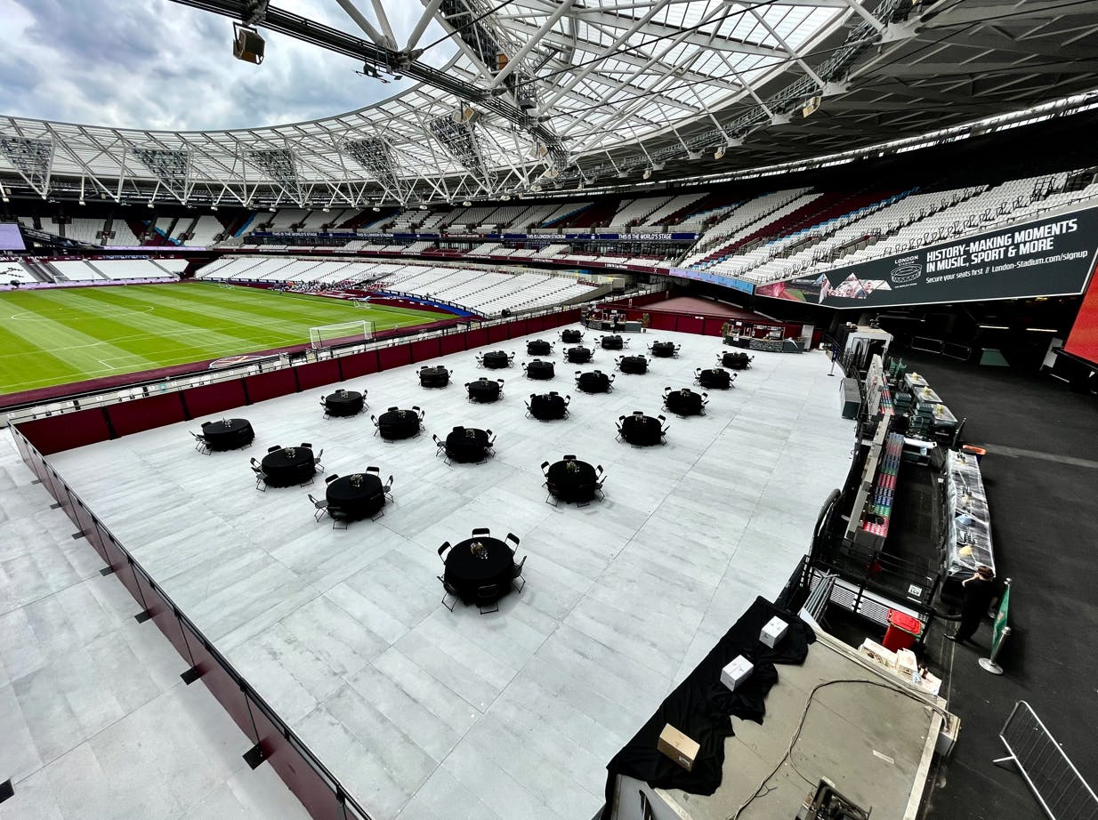 Event setup at London Stadium with spacious stage for hybrid live events.