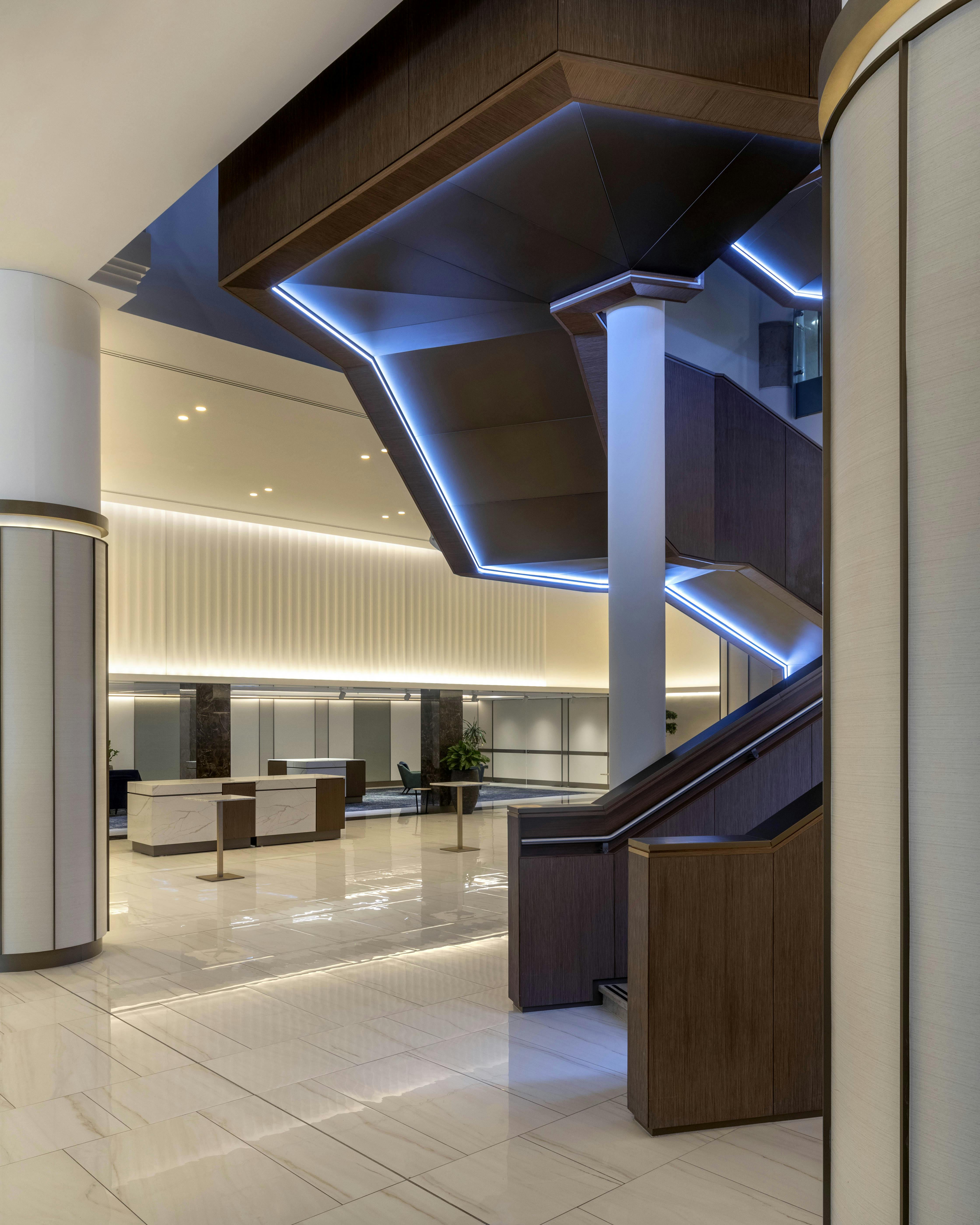 West Wing Foyer Meeting Rooms, Hilton London Metropole, modern lobby for events and networking.