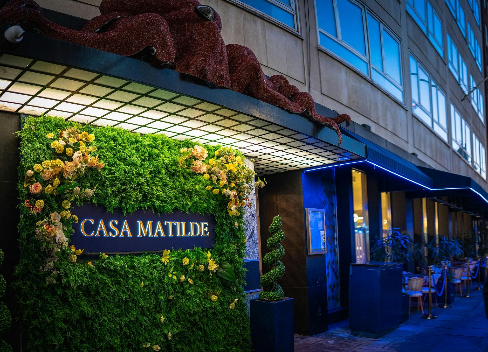 Vibrant entrance of Casa Matilde with lush greenery, perfect for events and celebrations.