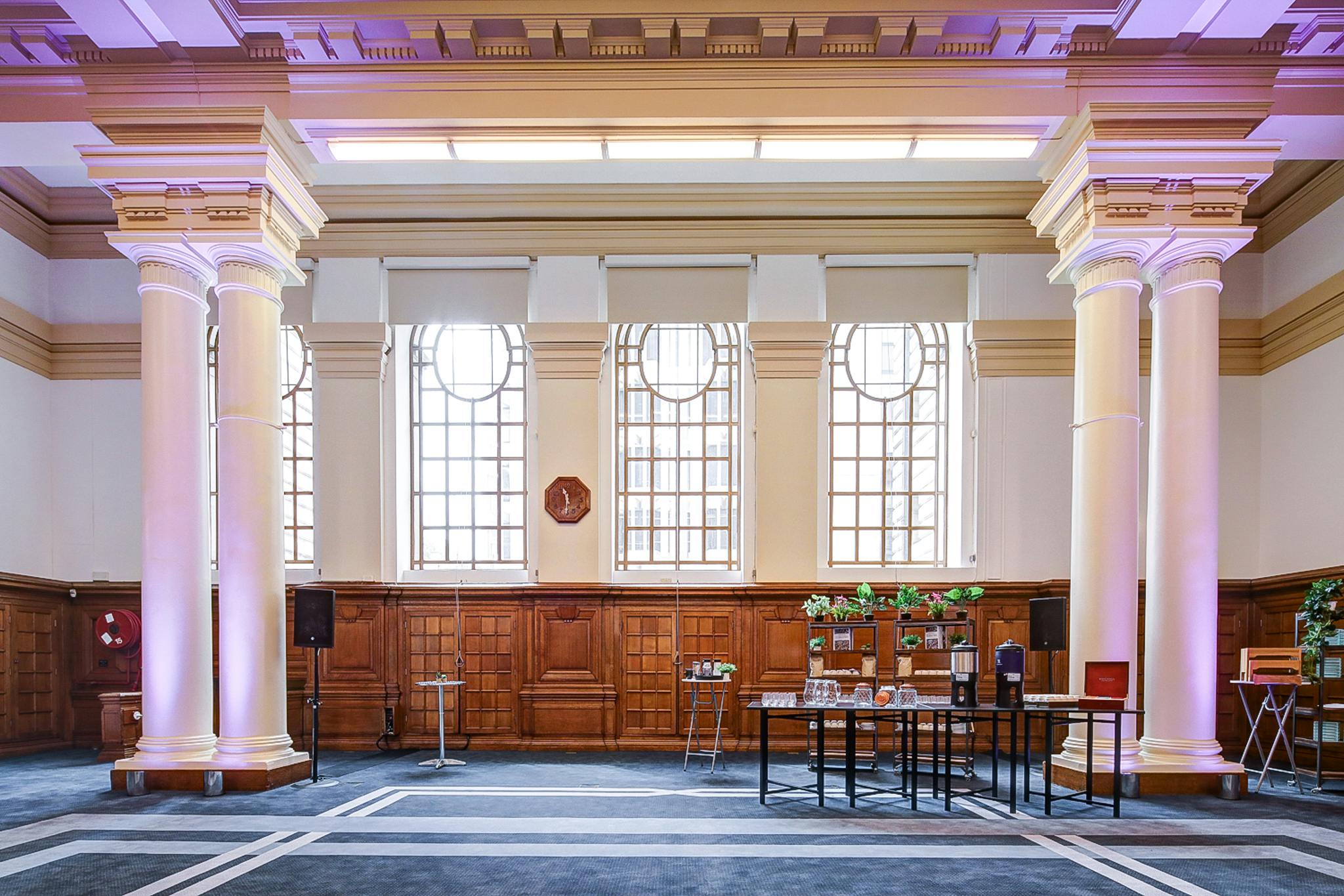 Central Hall Westminster library with tall columns, ideal for conferences and workshops.