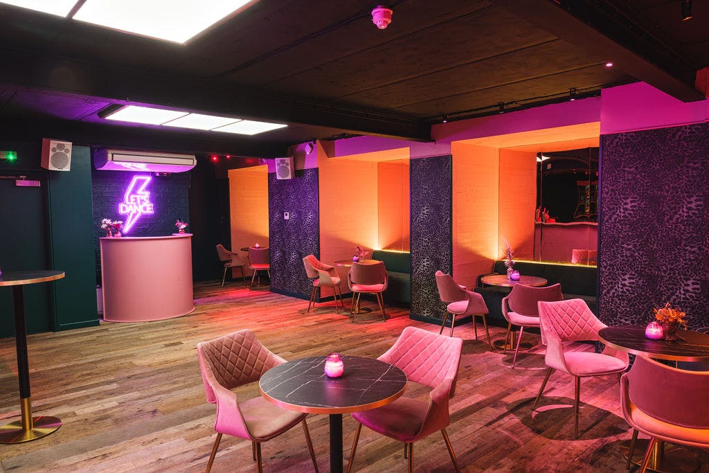 Stylish event space at The Glam Palace, Liverpool Street, ideal for networking and gatherings.