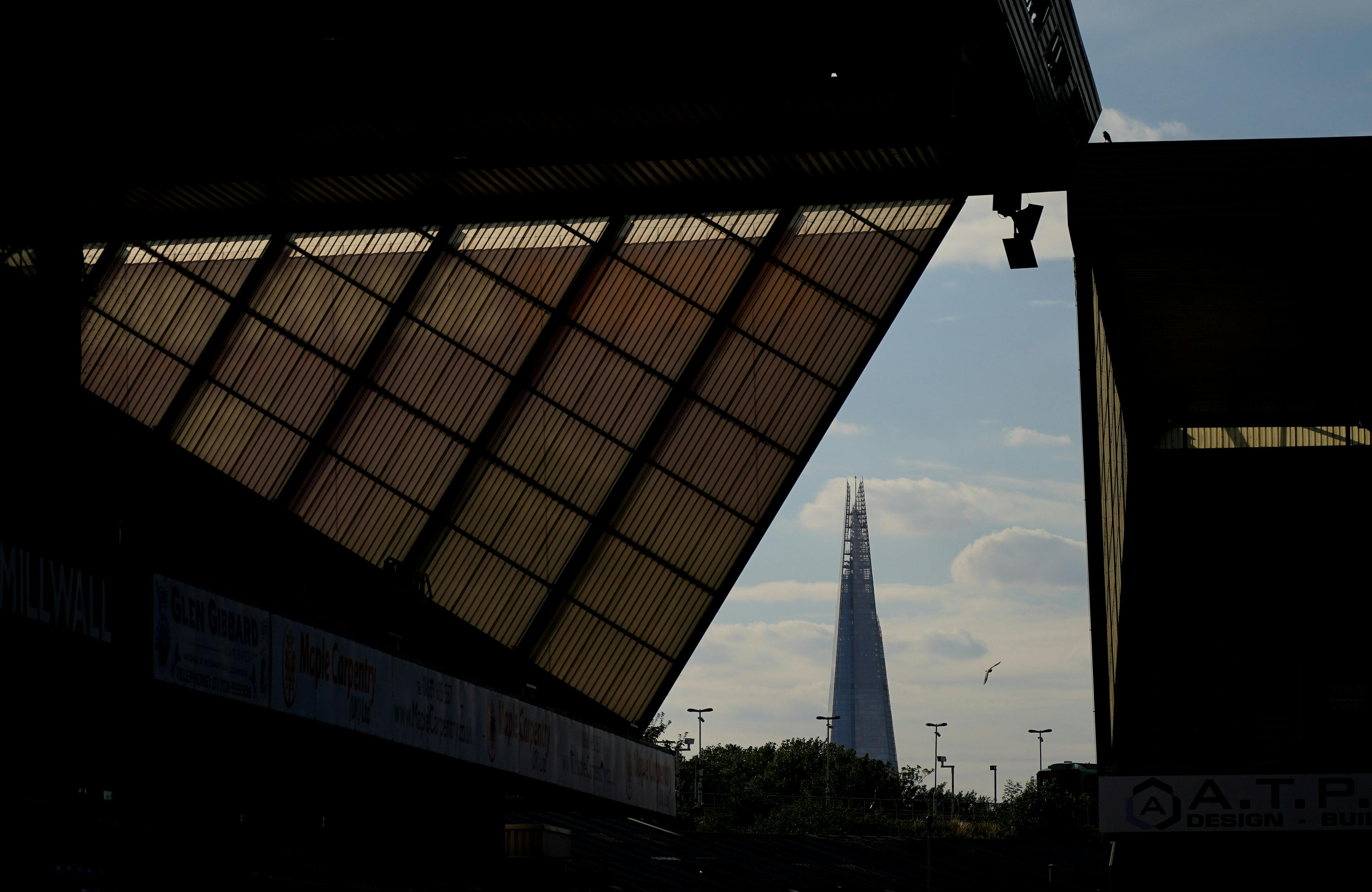 Executive Lounge at Millwall Holdings with stadium roof and The Shard, ideal for events.
