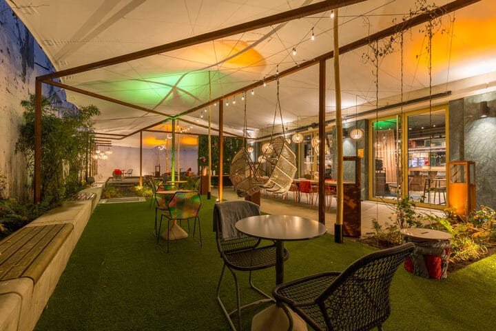 Urban Tent at A-Stay: versatile outdoor event space with ambient lighting for gatherings.