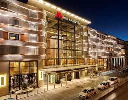 Illuminated Marriott hotel in Madrid, perfect for conferences and events.