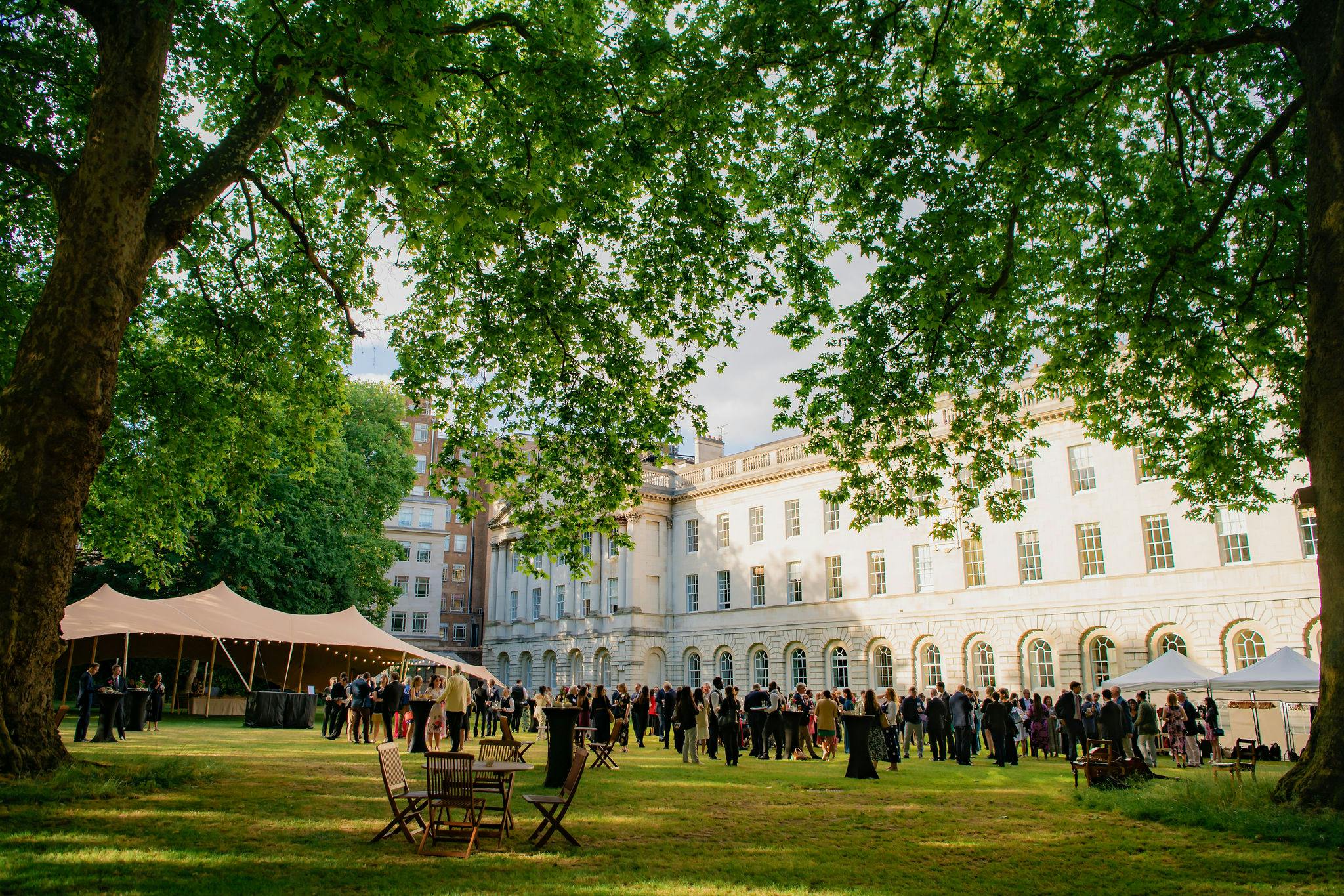 Summer event tent on North Lawn, Lincoln's Inn, ideal for networking and celebrations.