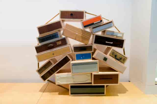 Creative drawer display at The Cafe in Droog for versatile event setups.