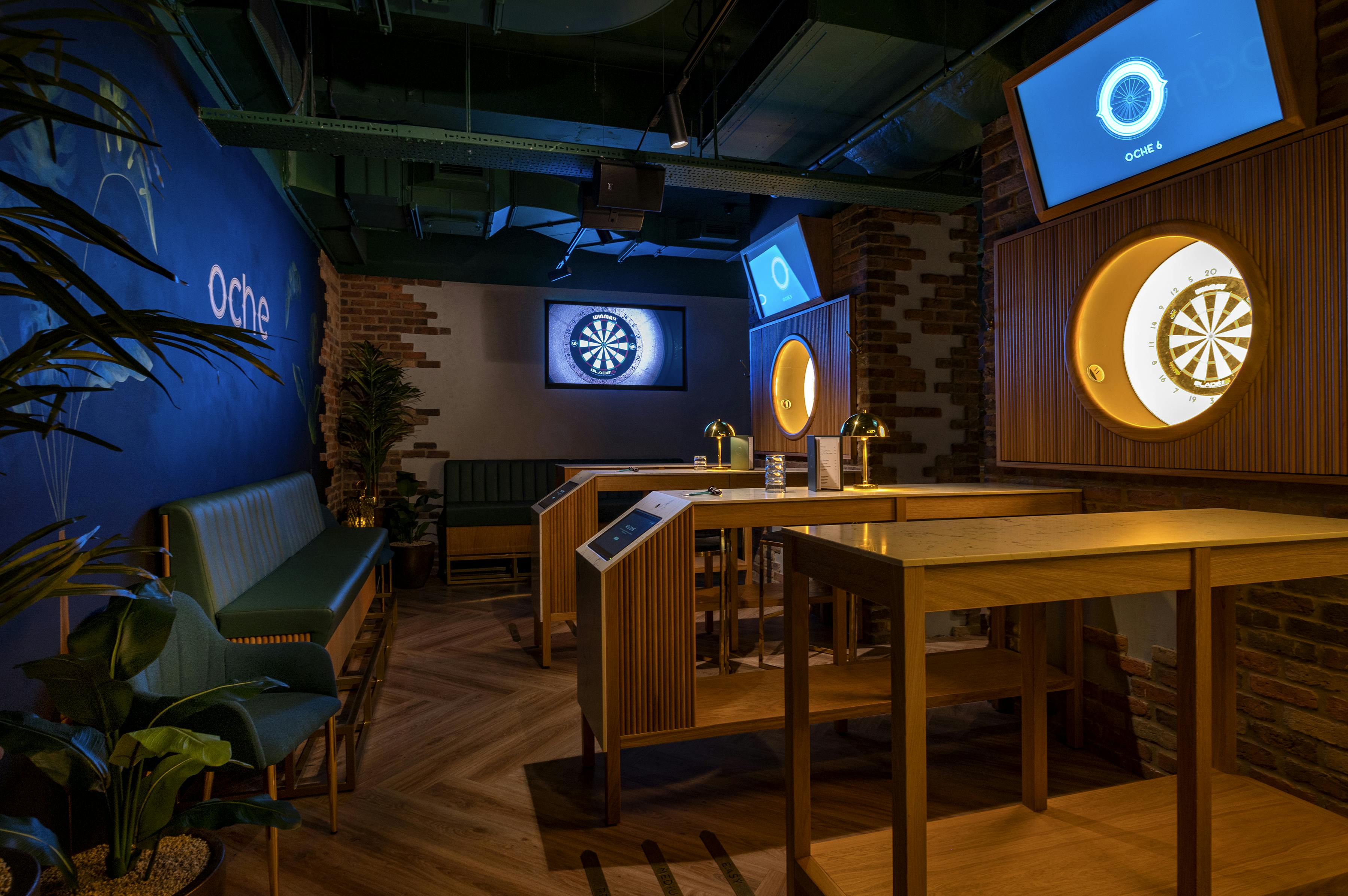 Stylish event space in Oslo with dartboards for social gatherings and team-building.