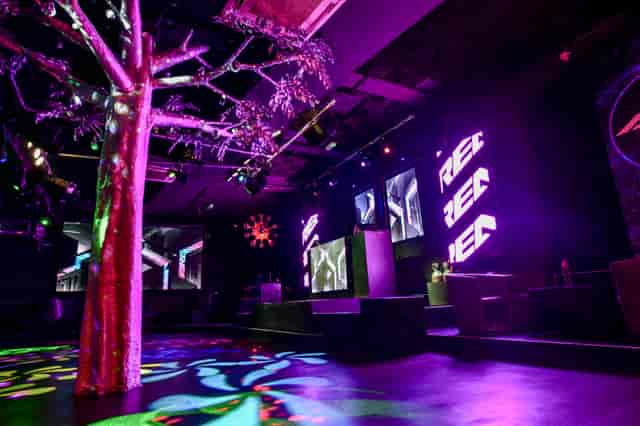 Vibrant event space in Manchester with dynamic lighting and unique tree installation.