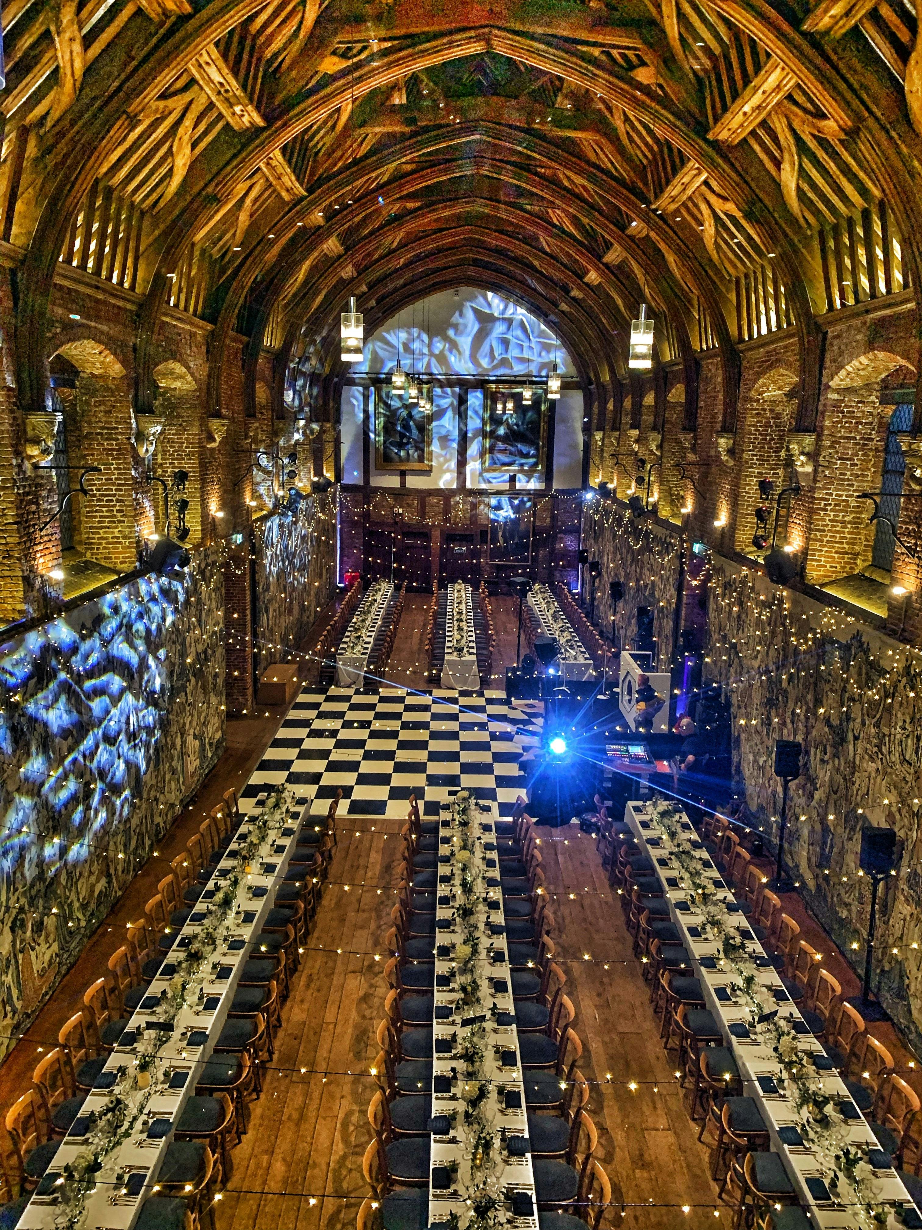 Elegant dining setup in The Old Palace, Hatfield House for formal events and celebrations.