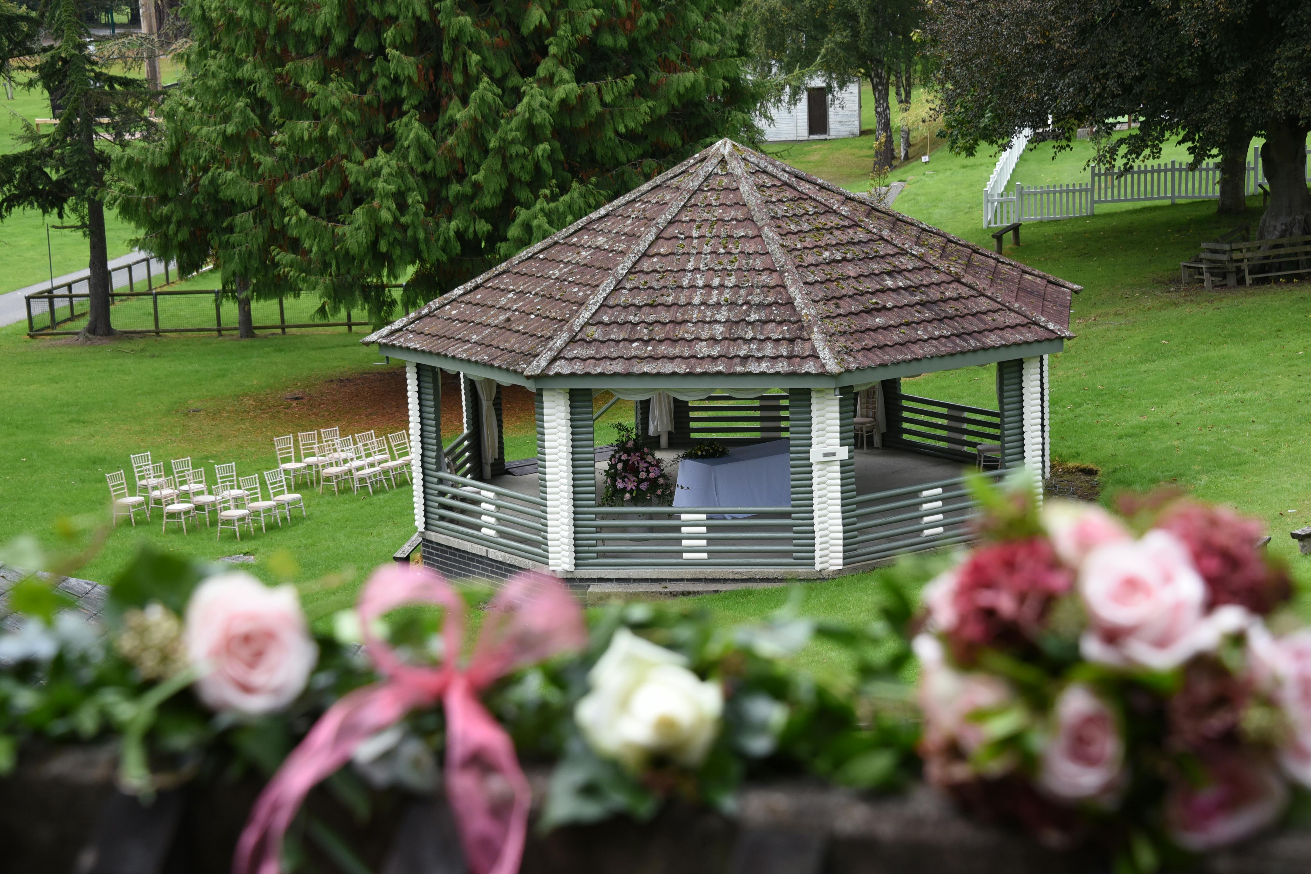 Royal Welsh Showground Bandstand gazebo, lush greenery, perfect for weddings and events.