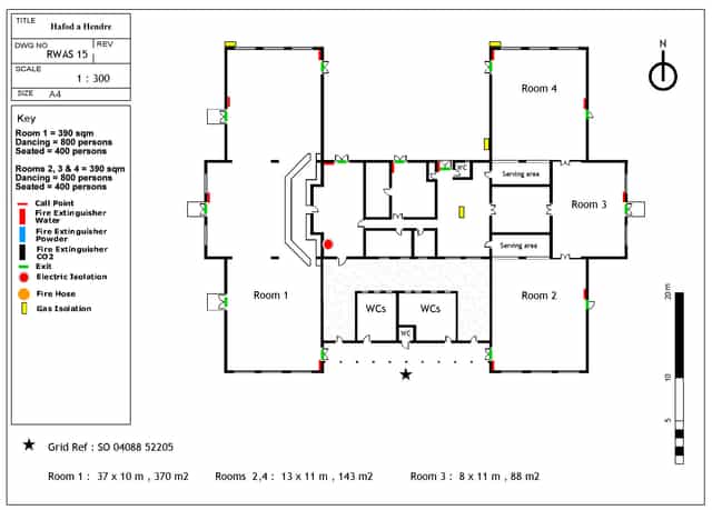 Hafod a Hendre floor plan for events with room dimensions and seating arrangements.