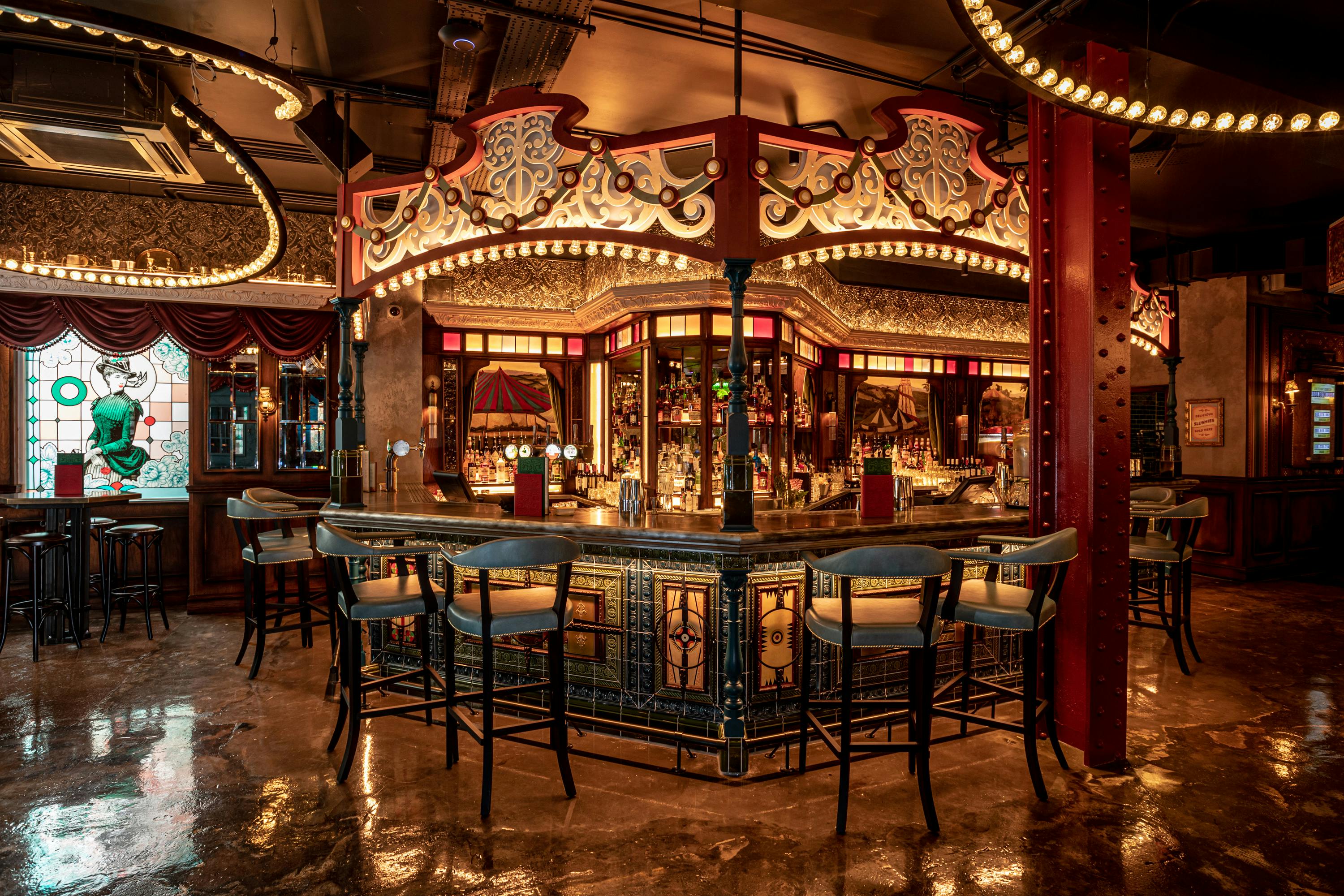 Vintage bar setting at Flight Club Birmingham for networking events and gatherings.